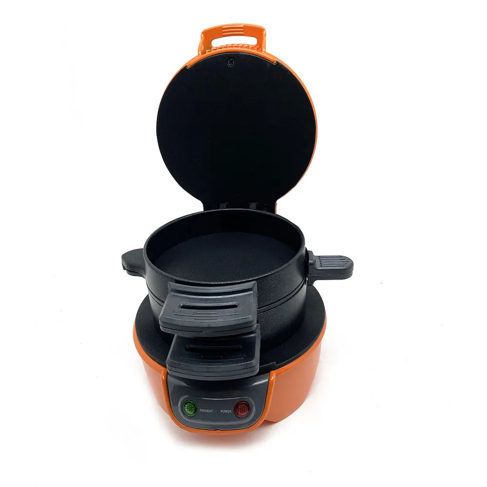 Bright red household breakfast sandwich maker with egg cooker ring and waffle plates on a kitchen counter.