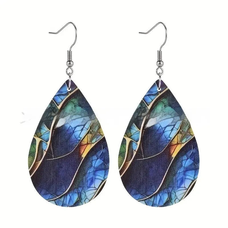 Acrylic flat branch knot earrings with drop shape and printed design elements