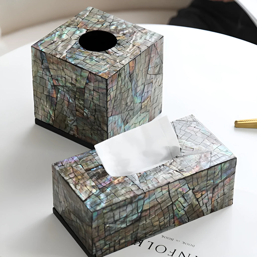 Natural shell decorative storage box in black with modern design for tissue organisation