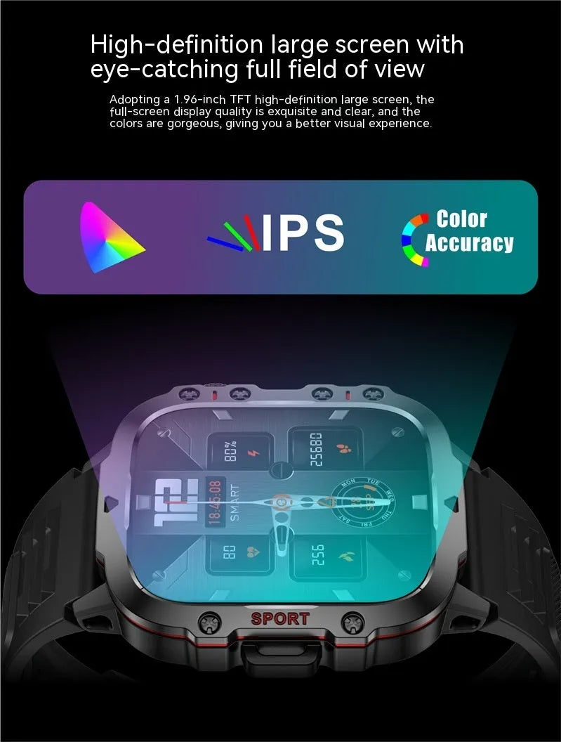 QX11 smartwatch with 50mm touch screen showing heart rate and step count display on wrist.