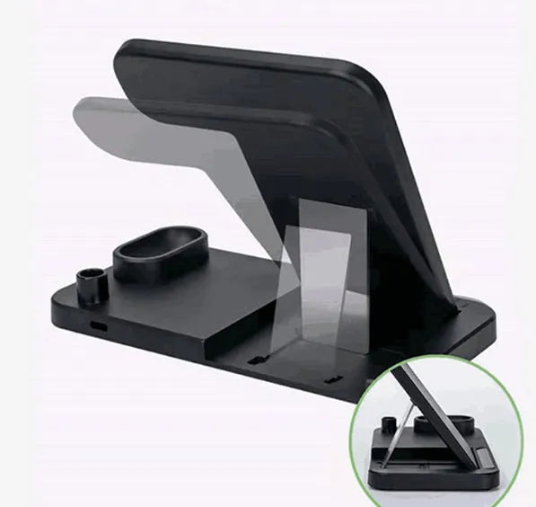 4-in-1 wireless charging station with adjustable magnetic stand charging iPhone, Apple Watch, and AirPods