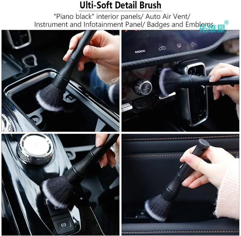 Black car detailing brush with super soft pig hair bristles for interior cleaning, shown in two size options