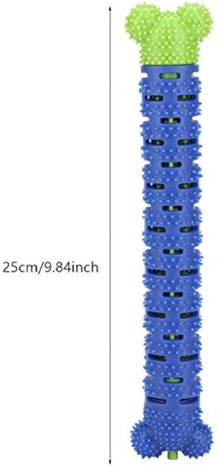 Blue silicone dog dental chew toy with serrated brush head and crevice for toothpaste insertion