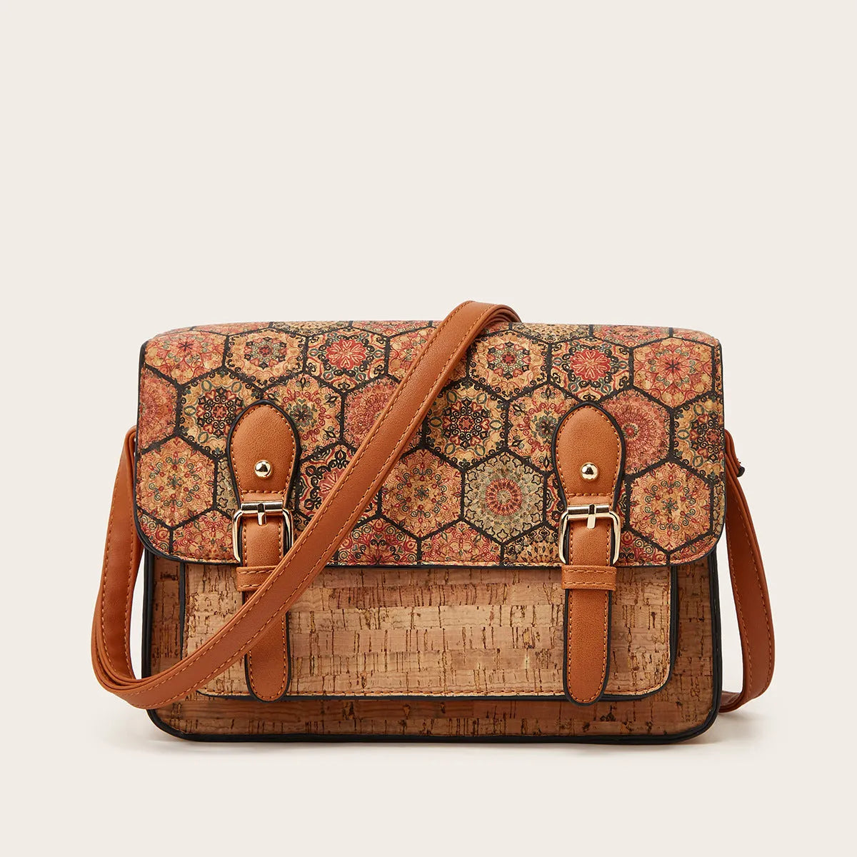 Women's printed PU crossbody bag with single shoulder strap in pansy, grass flower, square print, or green colours