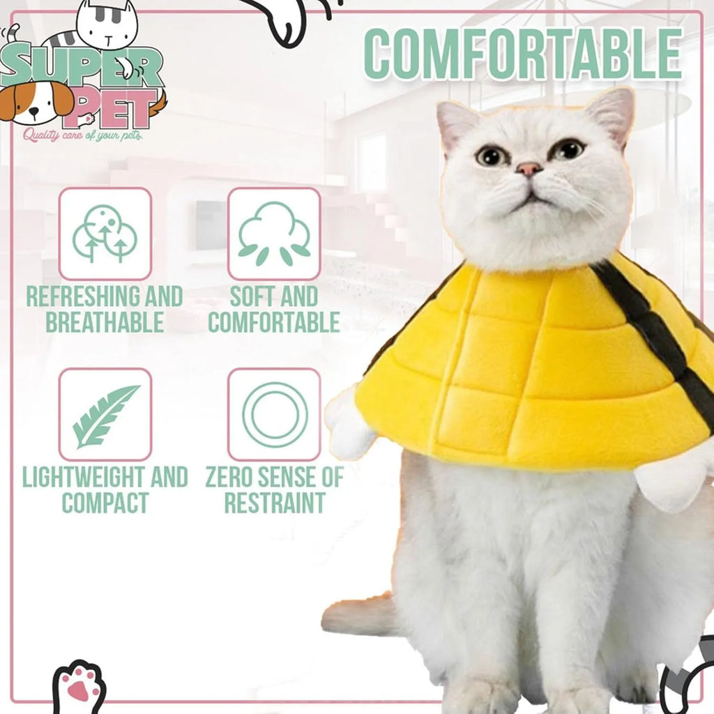 Soft fabric cat cone collar with bee design showing adjustable velcro closure