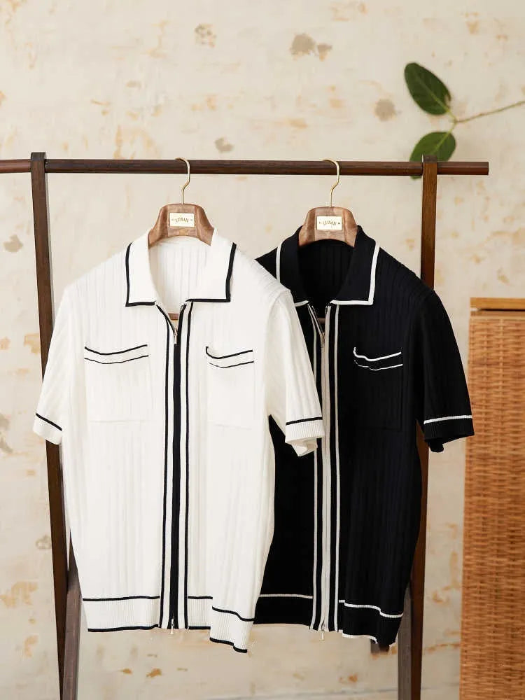 Slim fit black knitting polo shirt with short sleeves and lapel collar on a male model