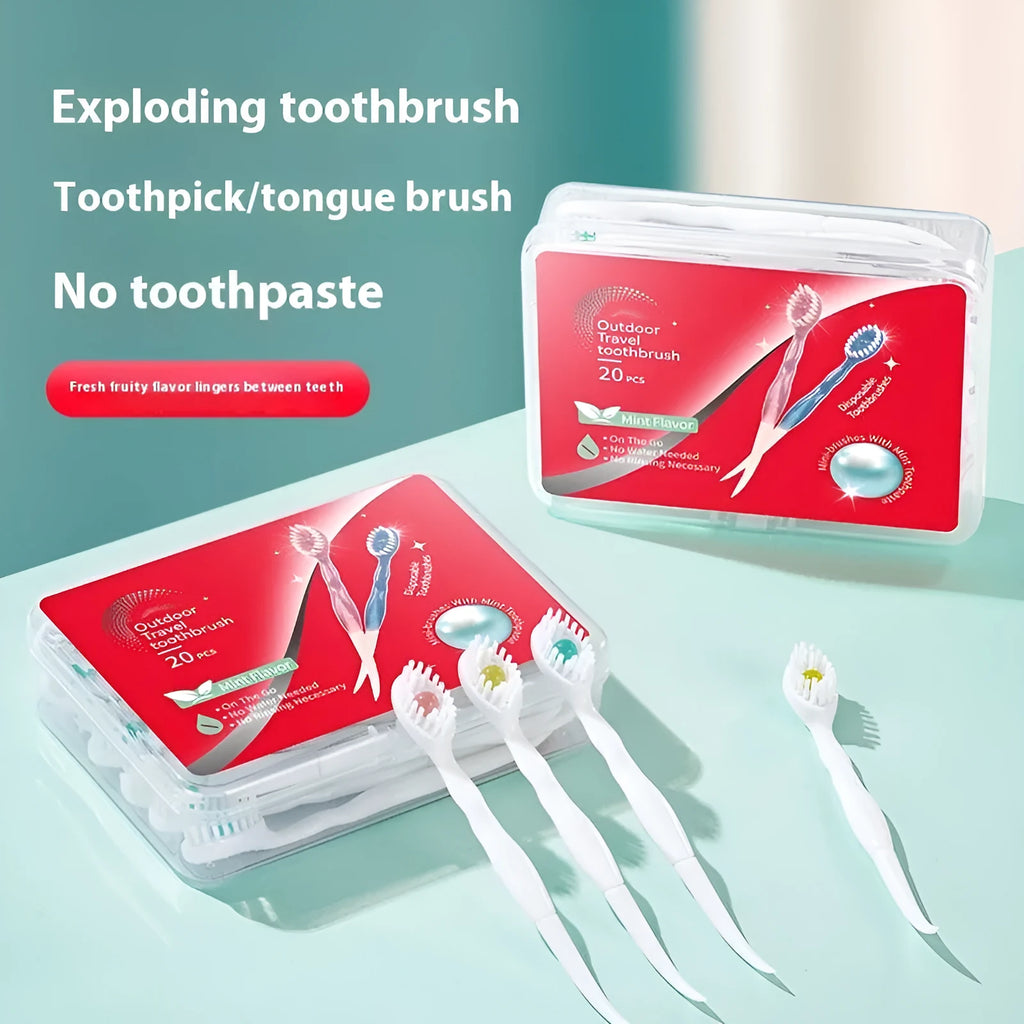 Box of Bead disposable travel toothbrushes showing mint flavour 20-piece set