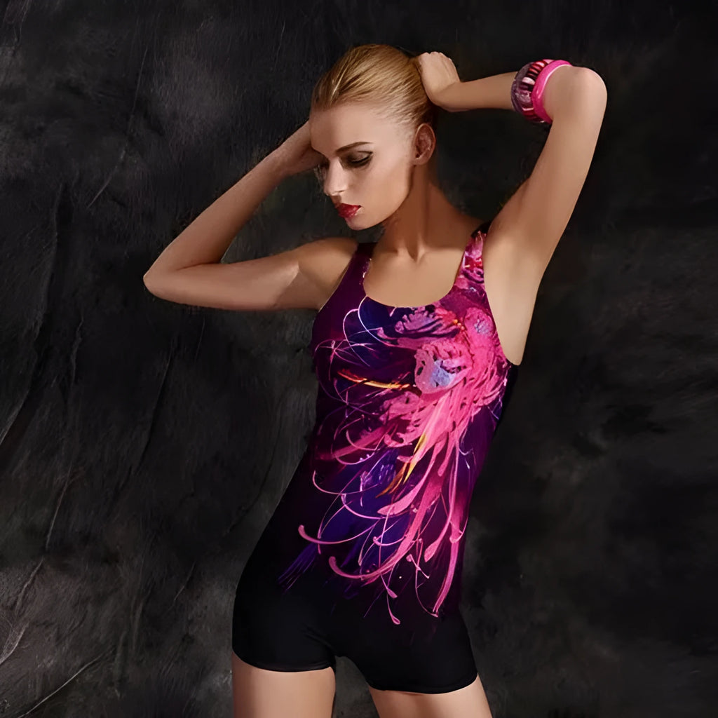 Women's black and blue one-piece swimsuit with sleeveless conservative design