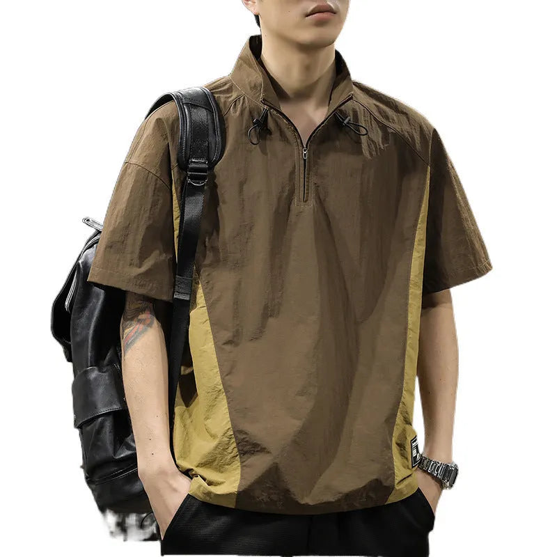 Men's short sleeve half-zip stand collar shirt in brown or purple ice silk fabric with loose fit
