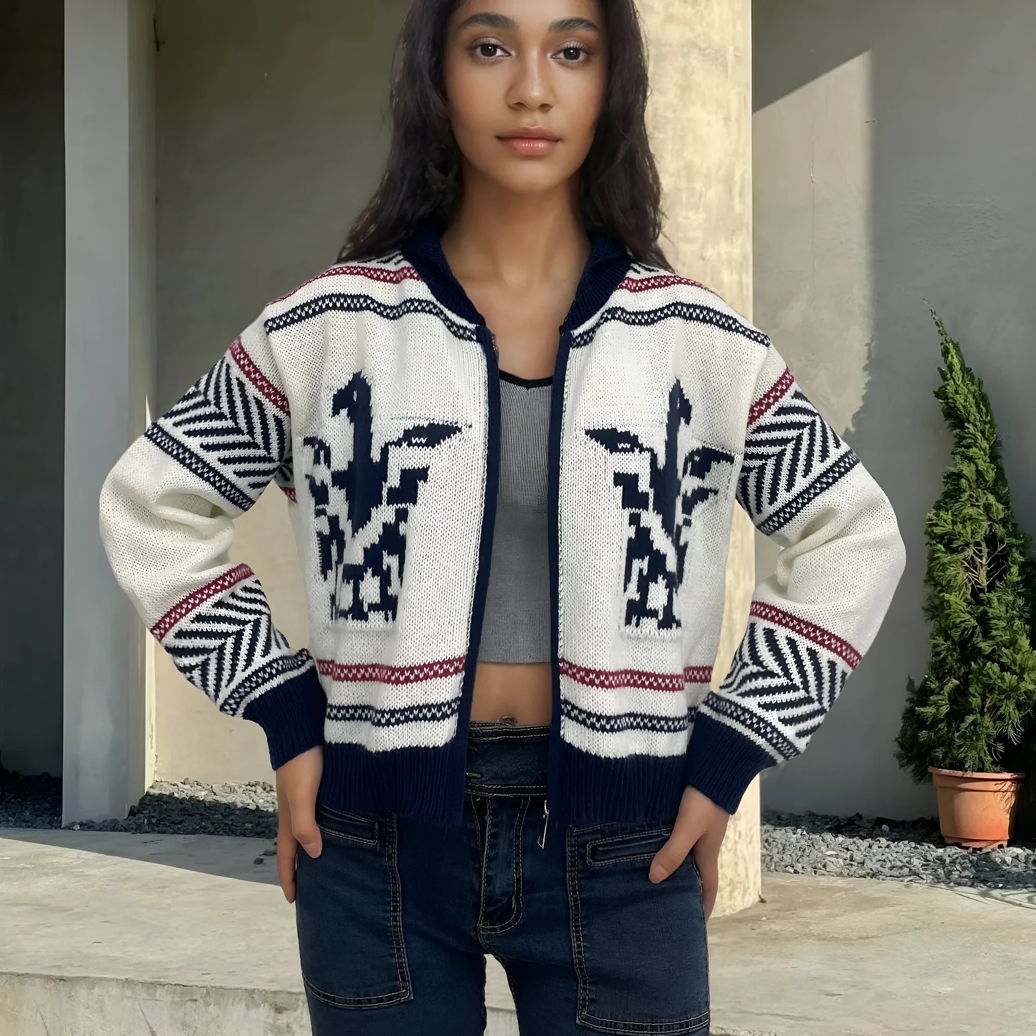 White women's zip cardigan with lapel collar and black contrast stripes, front zip closure