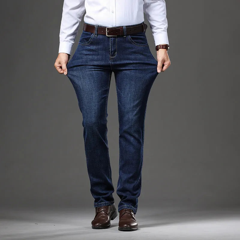 Women's stretch denim straight-leg trousers in black or blue available in plus sizes
