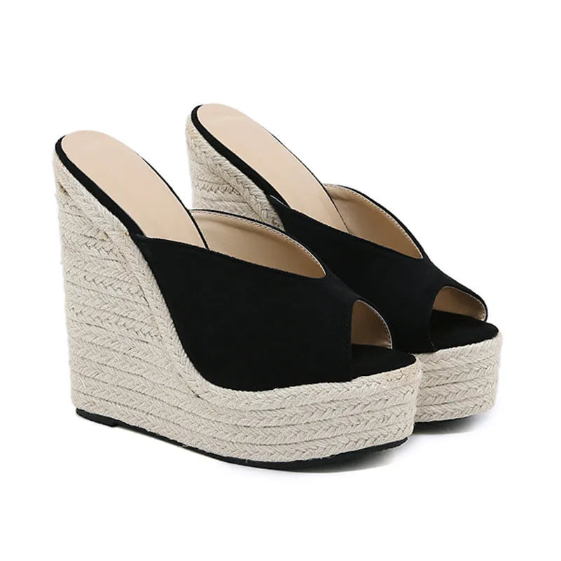 Women's black suede high-heel open-toe sandals with rubber sole, size 35-42