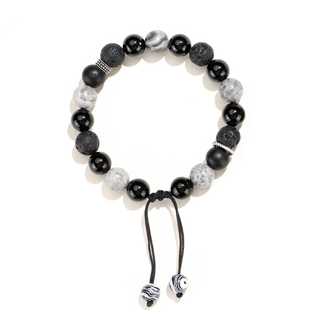 Black agate map stone volcanic bracelet with diamond shape and electroplated finish, showing men's 10mm and women's 8mm sizes.