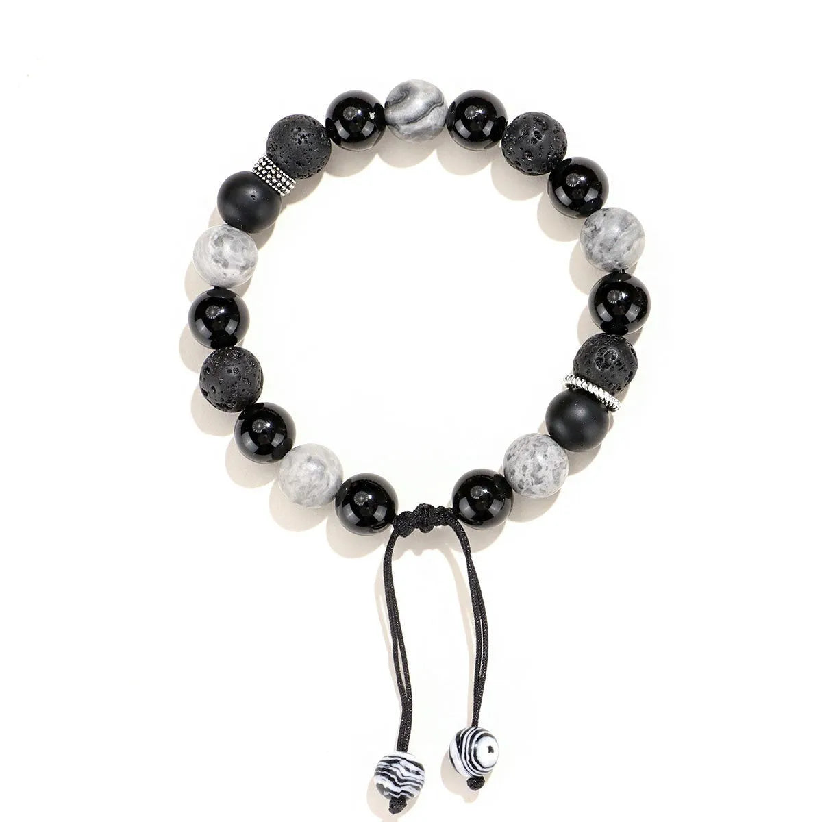 Black agate map stone volcanic bracelet with diamond shape and electroplated finish, showing men's 10mm and women's 8mm sizes.