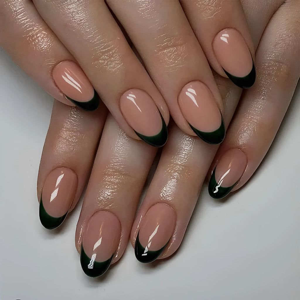 Set of 24 black French manicure false nails in a short almond shape, style J049.