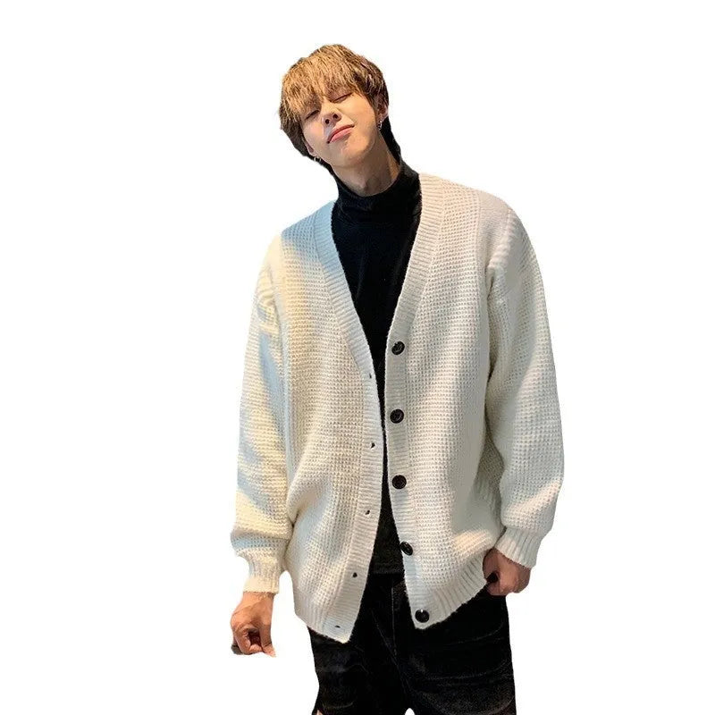 Men's army green cotton blend V-neck cardigan sweater with long sleeves in loose casual fit