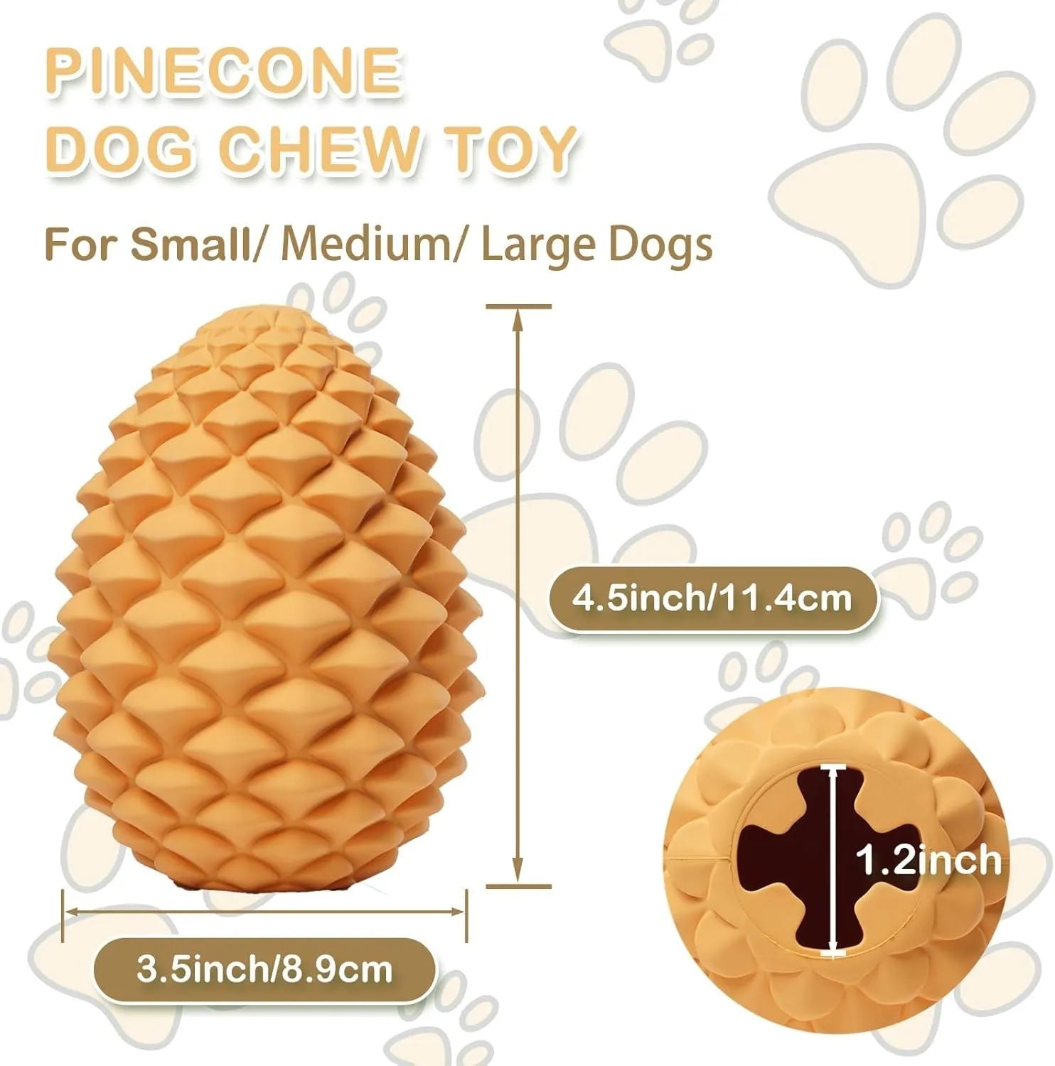 Yellow pine cone shaped natural rubber dog chew toy with treat dispenser hole, for medium and large breed dogs.