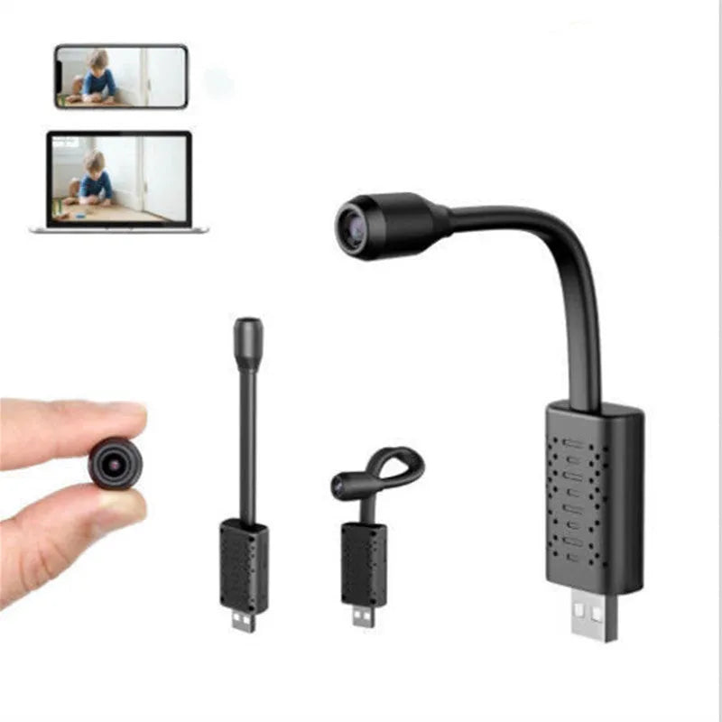 Black V380 wireless USB security camera with compact rectangular design for indoor monitoring