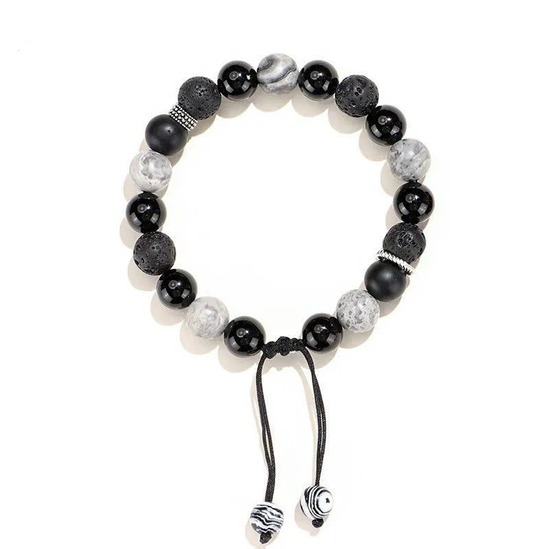 Black agate map stone volcanic bracelet with diamond shape and electroplated finish, showing men's 10mm and women's 8mm sizes.