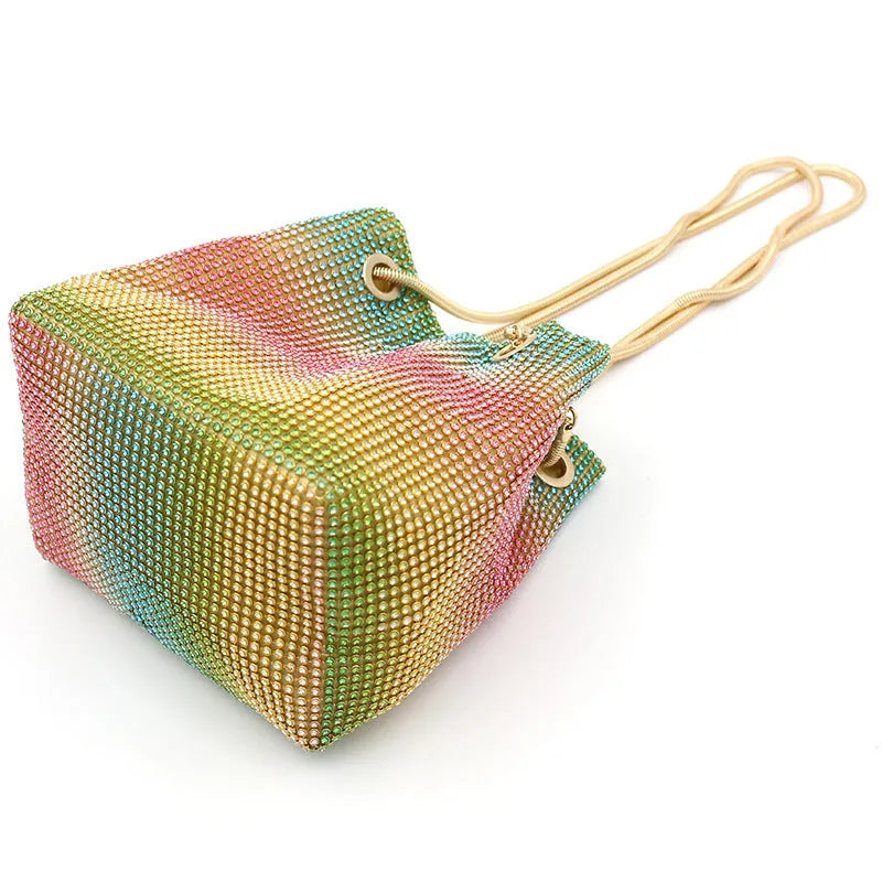 Rainbow iridescent rhinestone fabric bucket bag with soft texture