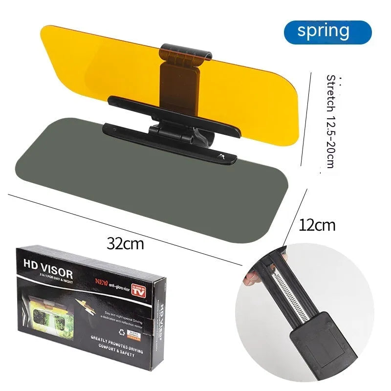 Anti-high beam goggles dual-use car sun visor with acrylic lens on colour box packaging.