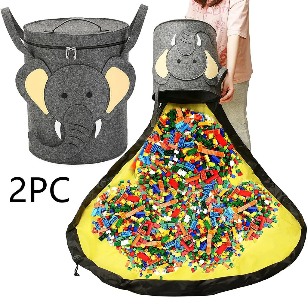Green felt cube storage bag with pull rope closure lying flat as a play mat.
