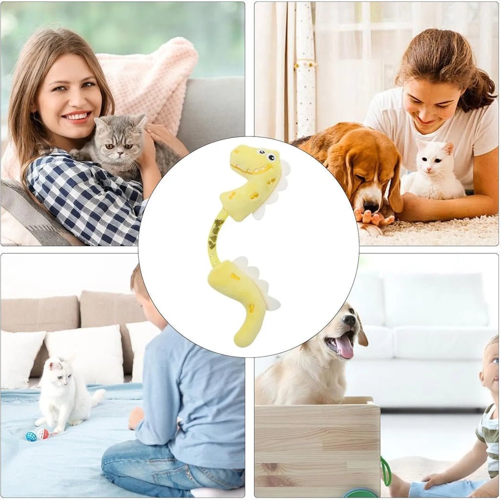 Four plush cat toys including catnip chew toy, squeaky mouse, textured fish, and bunny for indoor play