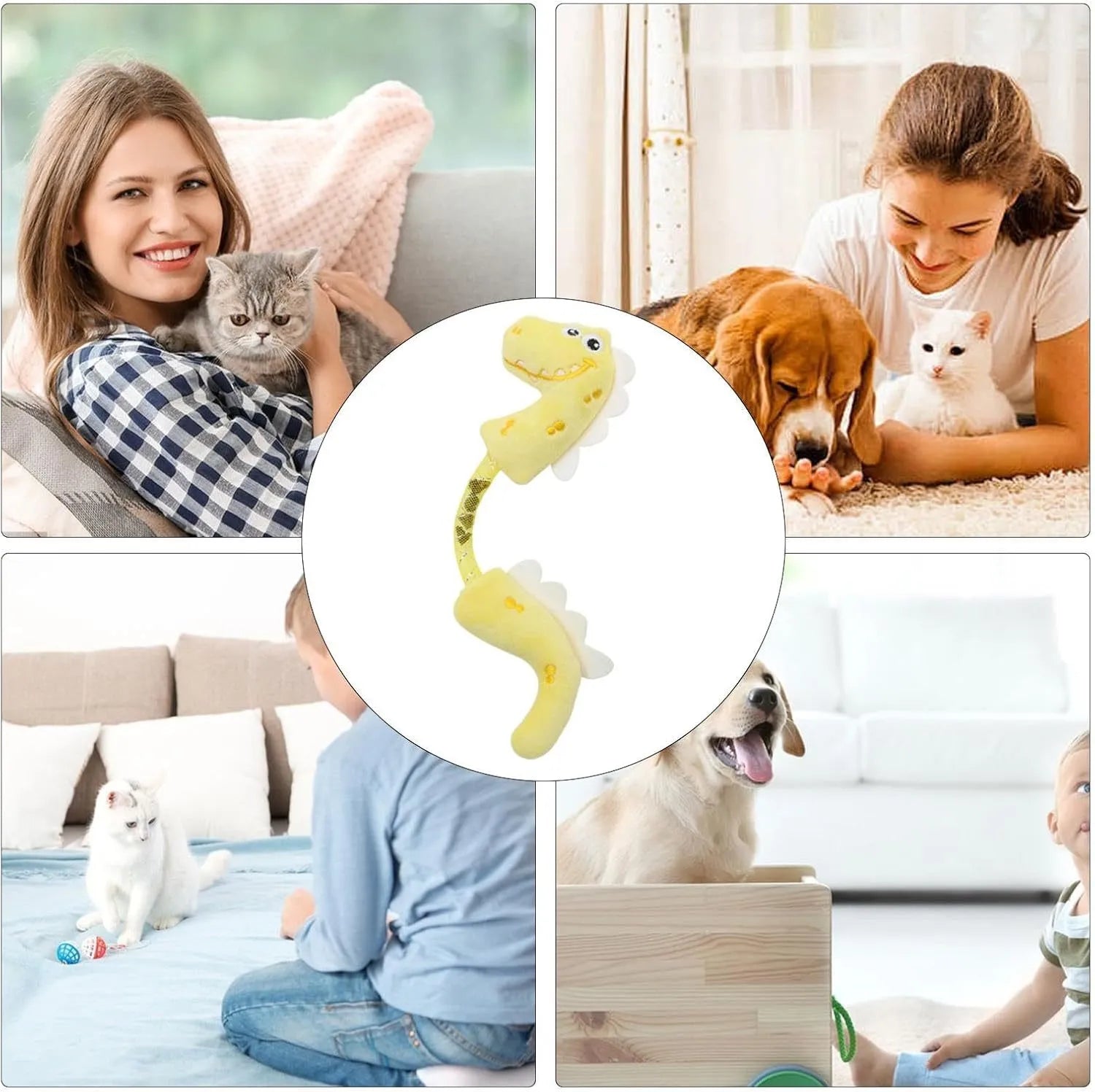 Four plush cat toys including catnip chew toy, squeaky mouse, textured fish, and bunny for indoor play