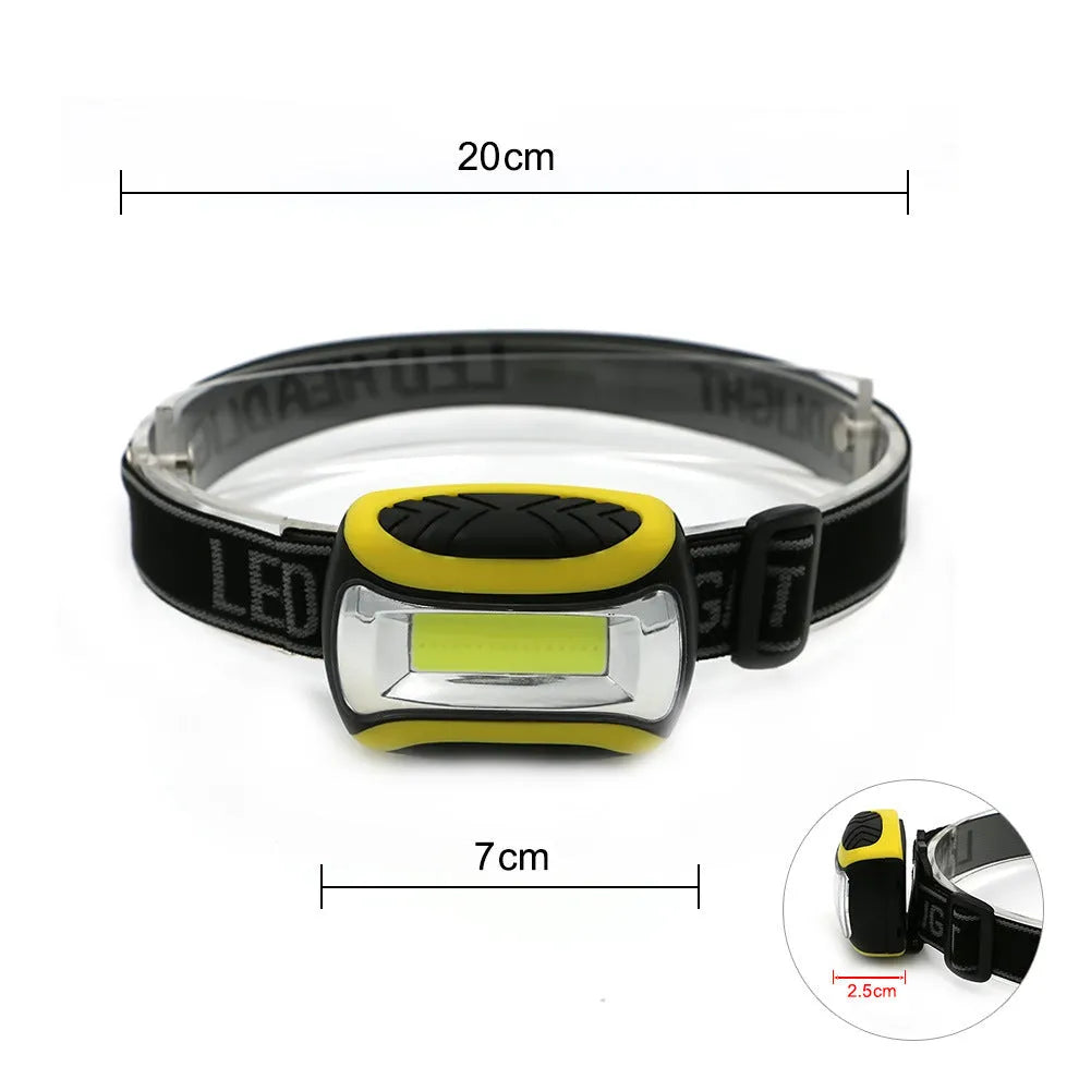 Yellow plastic headlamp with COB LED light and adjustable elastic head strap.