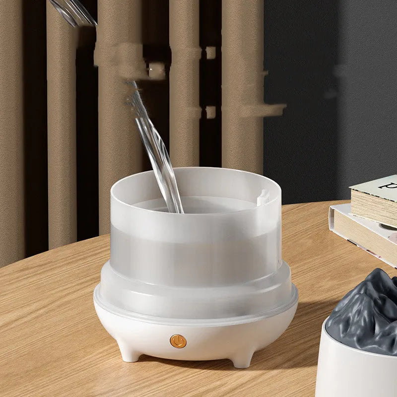 Black and white volcano shaped ultrasonic humidifier with USB cable for home office use