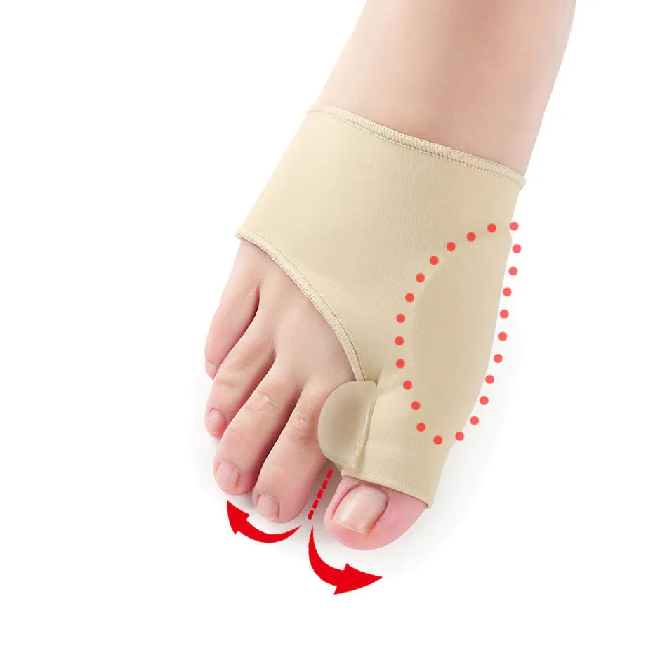 Corrective bunion relief sock with silicone gel pad and toe spacer on a foot, showing stretch fabric.