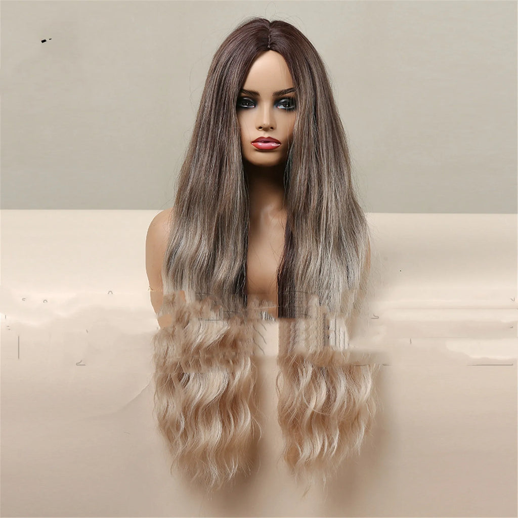 Medium brown gradient blonde long curly wig with medium bang on a mannequin