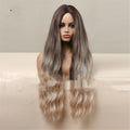 Medium brown gradient blonde long curly wig with medium bang on a mannequin