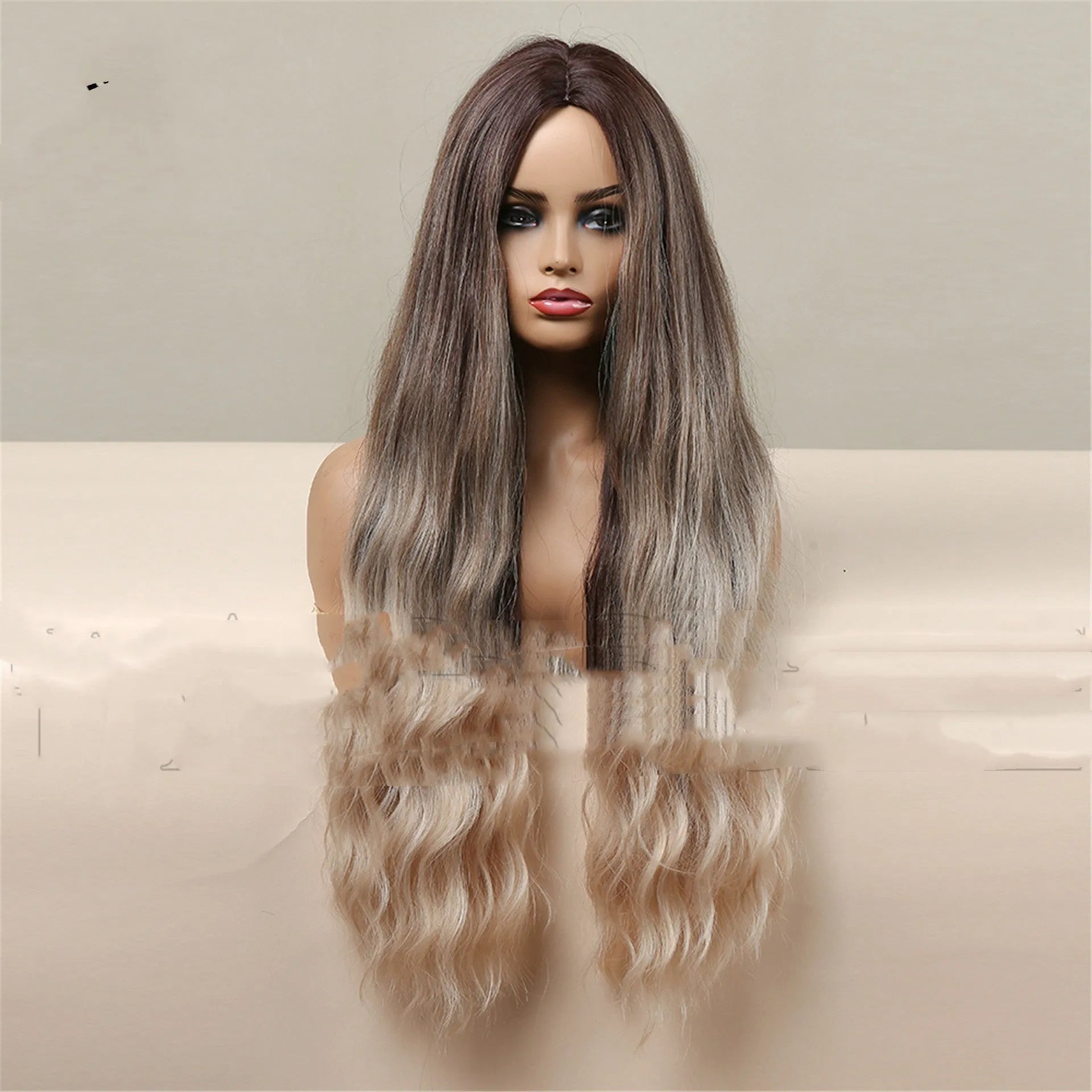 Medium brown gradient blonde long curly wig with medium bang on a mannequin