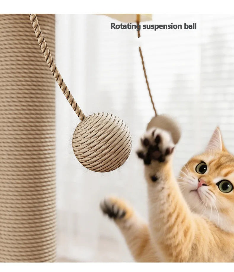 Cat climbing frame with hanging ball toy in windmill design made from pine wood with carpet leather scratching surfaces