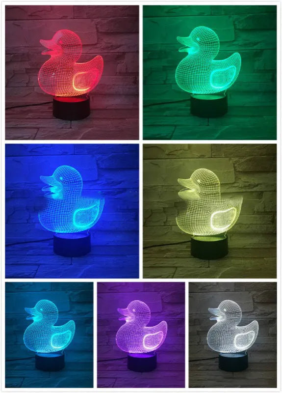 Little yellow duck 3D acrylic night light with ABS base showing seven colour LED options and remote control