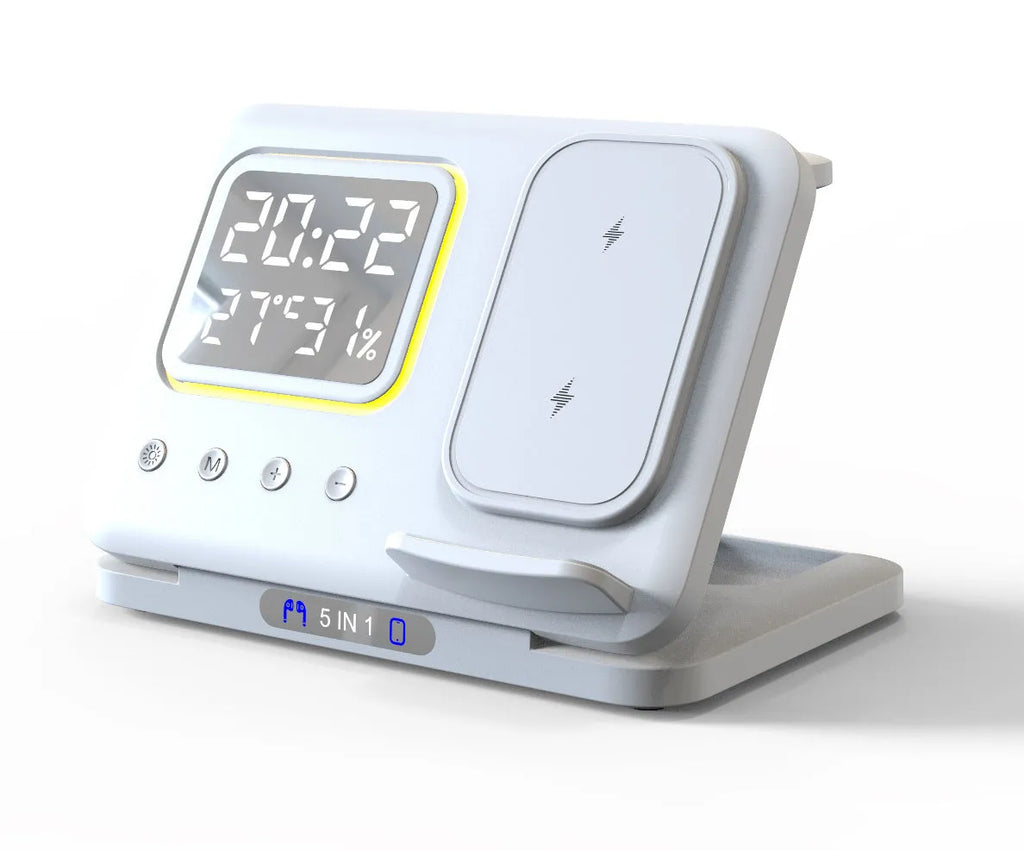 Black and white foldable wireless charging station with digital clock displaying time and temperature