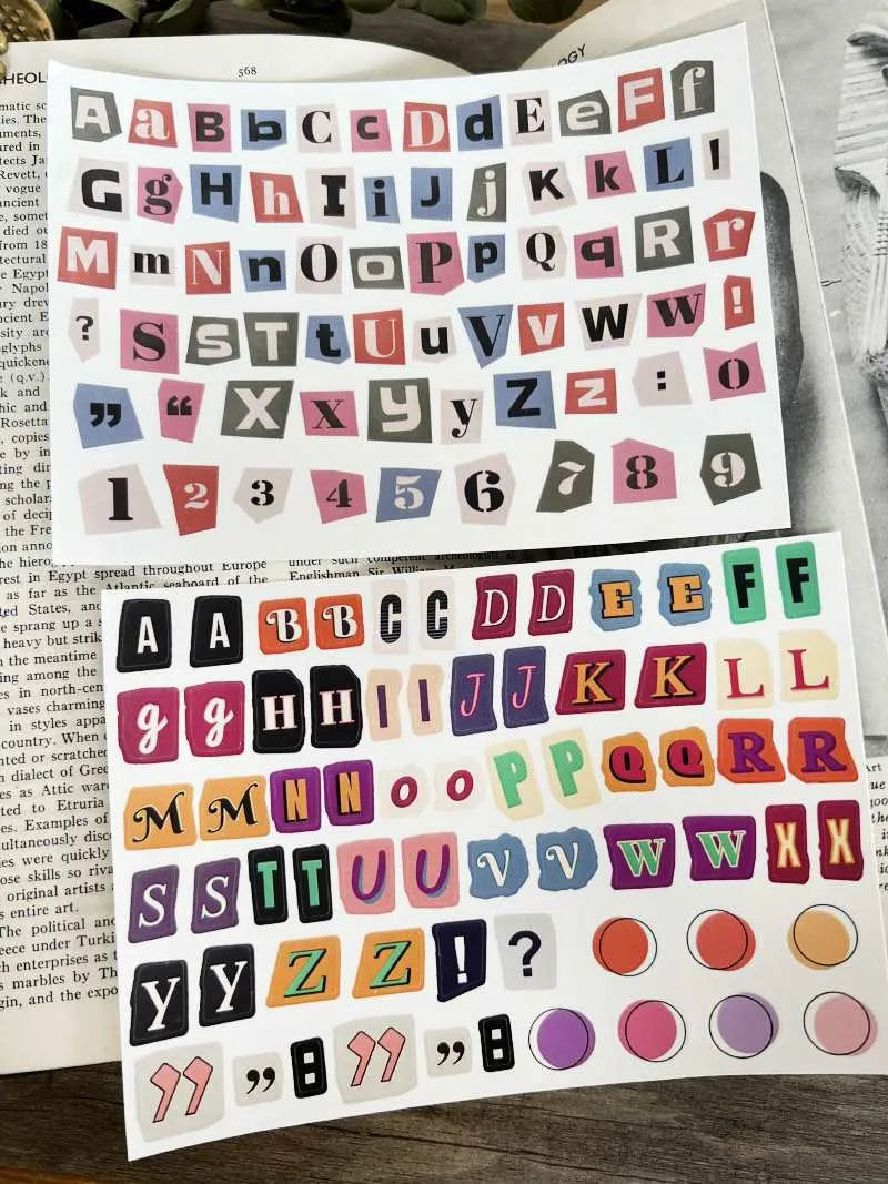 English letters and numbers symbol label stickers showing full alphabet sets and weekly words in cute style