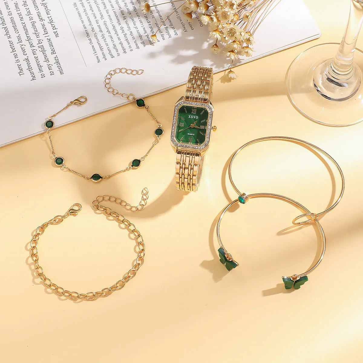 Gold green square women's watch with four matching bracelets, 25mm dial, alloy case