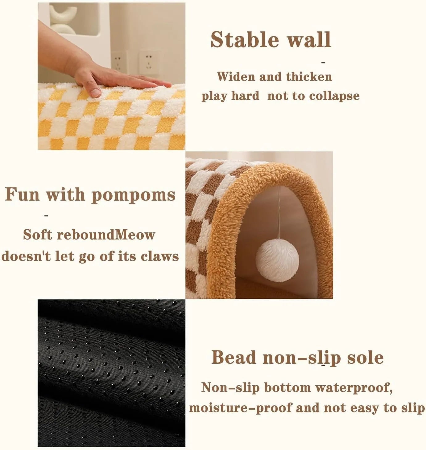 Brown plush plaid cat tunnel bed with central mat, shown in an XL size for indoor cats.