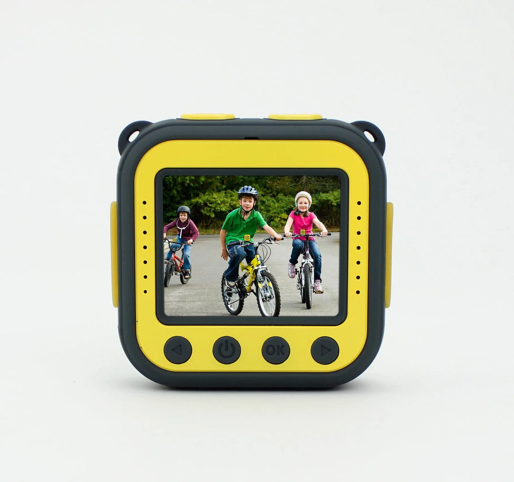 Yellow children's waterproof sports camera with LCD screen showing HD video recording capability