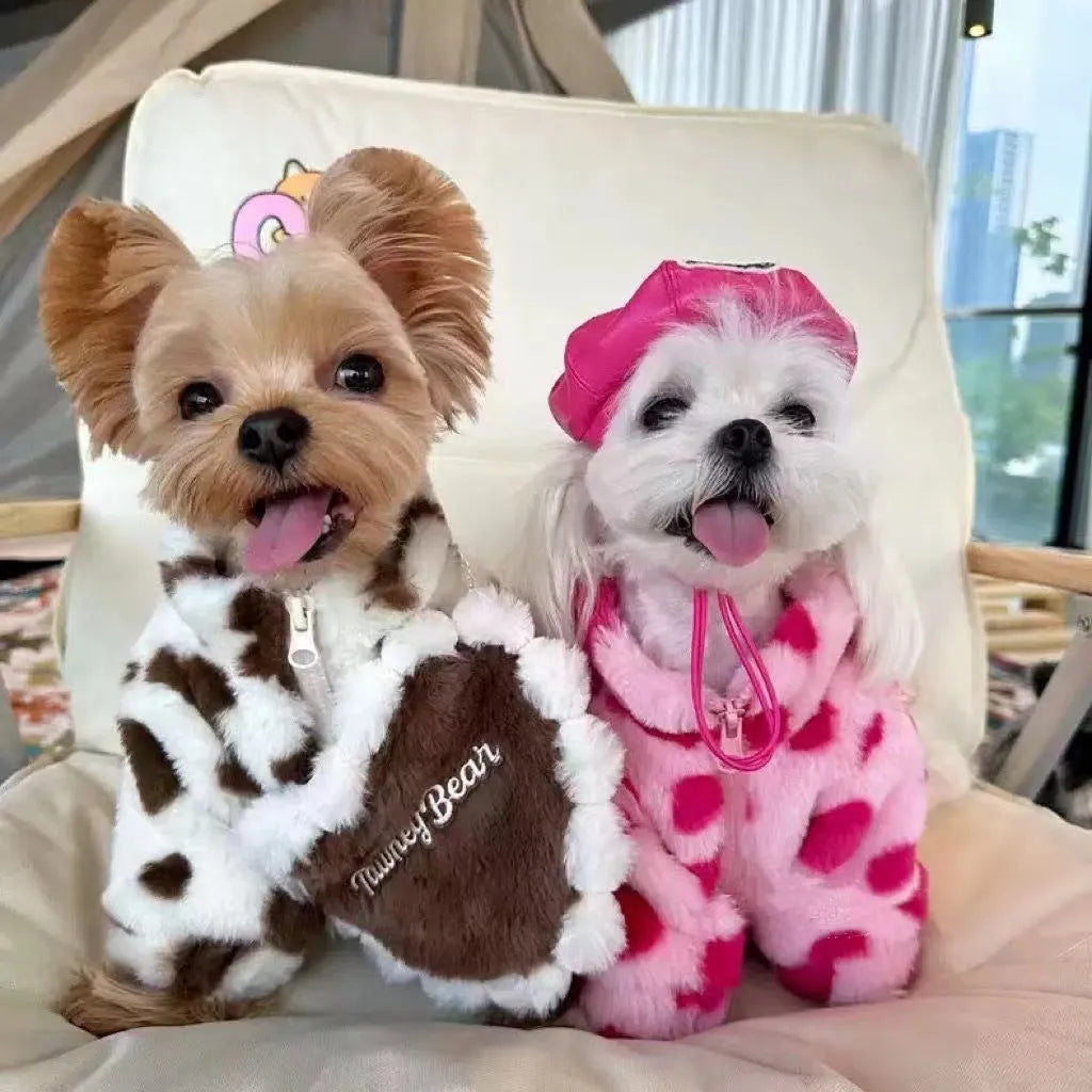 Pink and brown plush polyester warm coat for small dog on size chart showing XS S M L XL 2XL