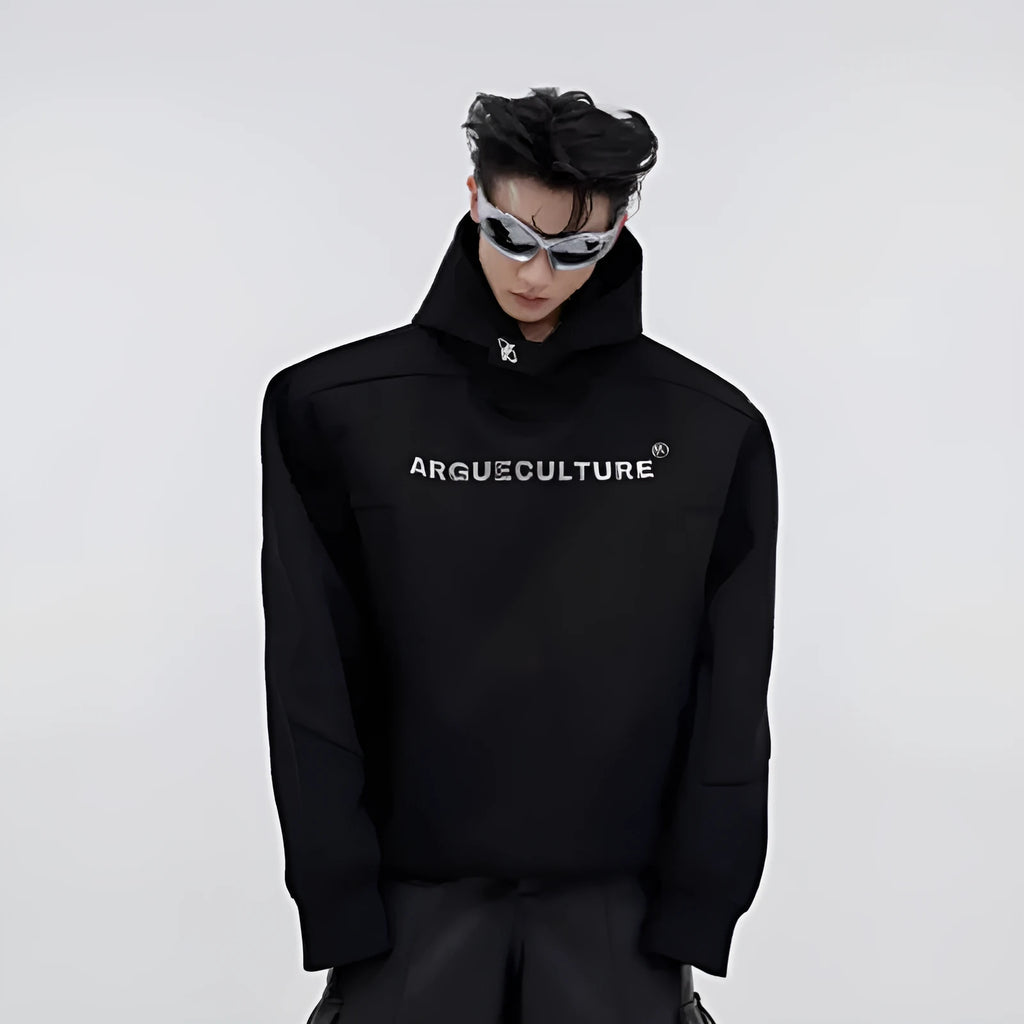 Men's loose hooded sweater with heavy shoulder pads and metal three-dimensional printing design in red colour
