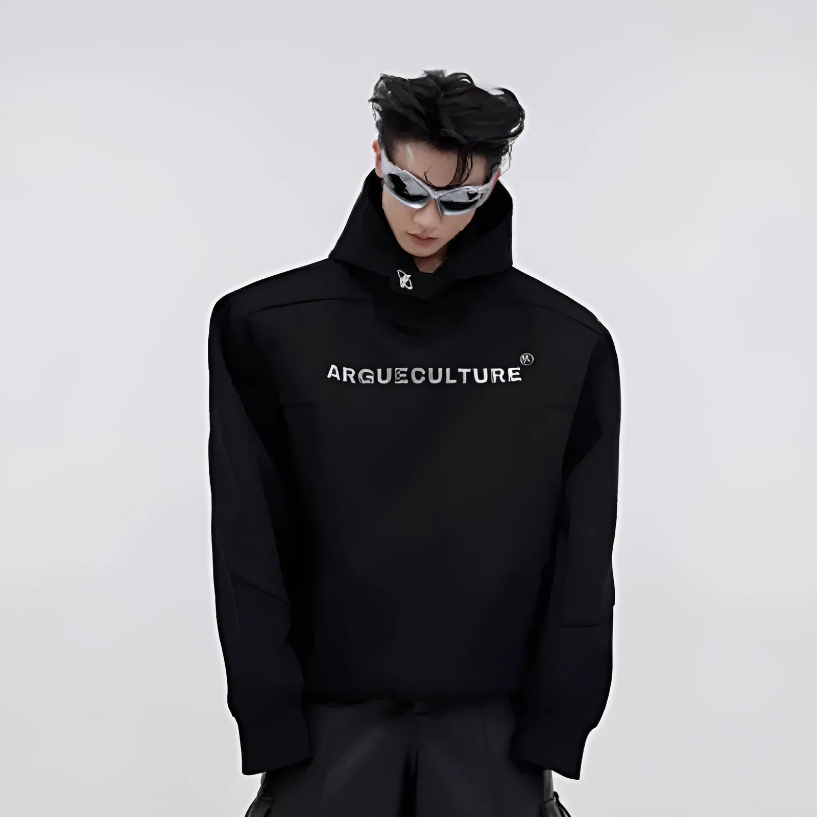 Men's loose hooded sweater with heavy shoulder pads and metal three-dimensional printing design in red colour