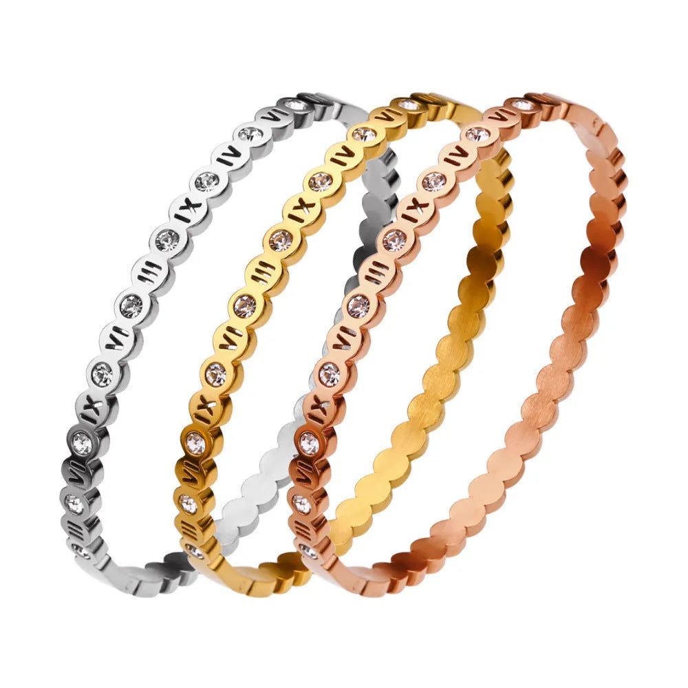 Korean style titanium steel bracelet with number details in gold, rose gold, or steel colour.