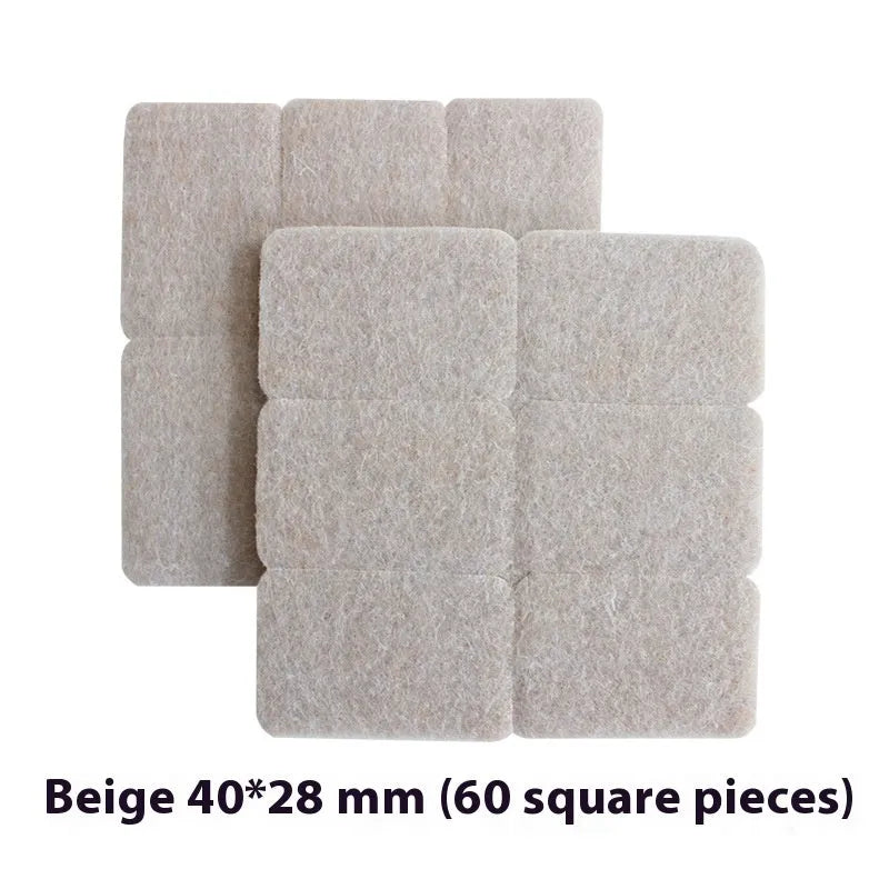 Beige plastic furniture leg protectors showing round and square shapes in five different sizes with non-slip adhesive backing