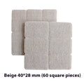 Beige plastic furniture leg protectors showing round and square shapes in five different sizes with non-slip adhesive backing
