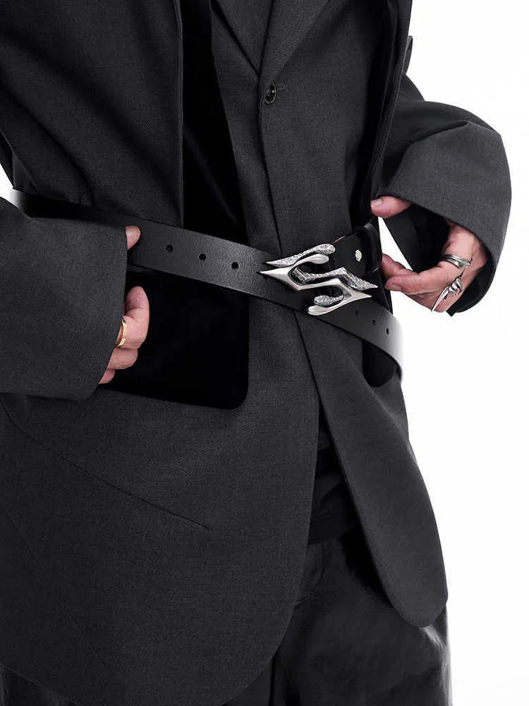 Black men's leather belt with metal letter buckle on two-layer cowhide strap.