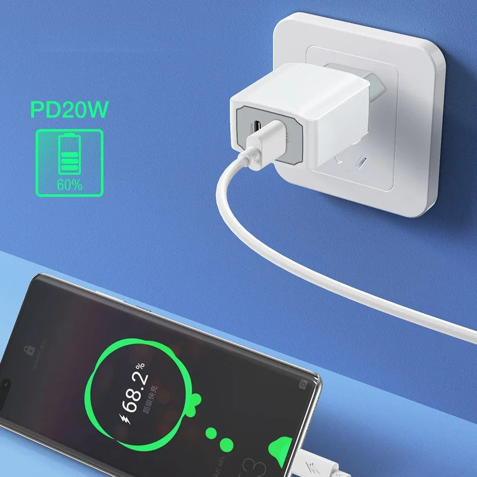 White European fast charge phone charger set with compact charging head and cable