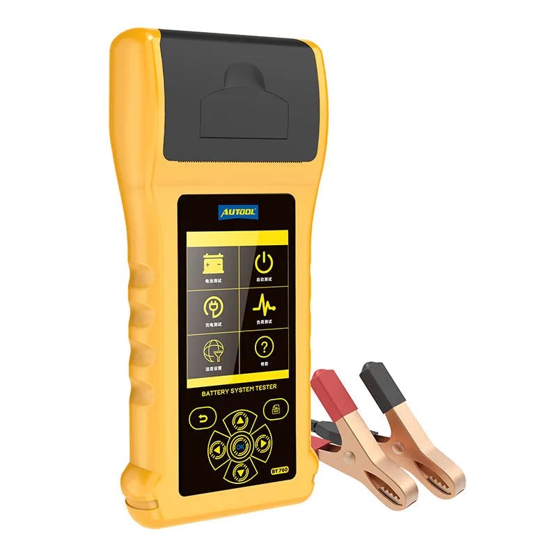 Autool BT760 digital vehicle battery tester with colour screen, thermal printer, and battery clip connectors